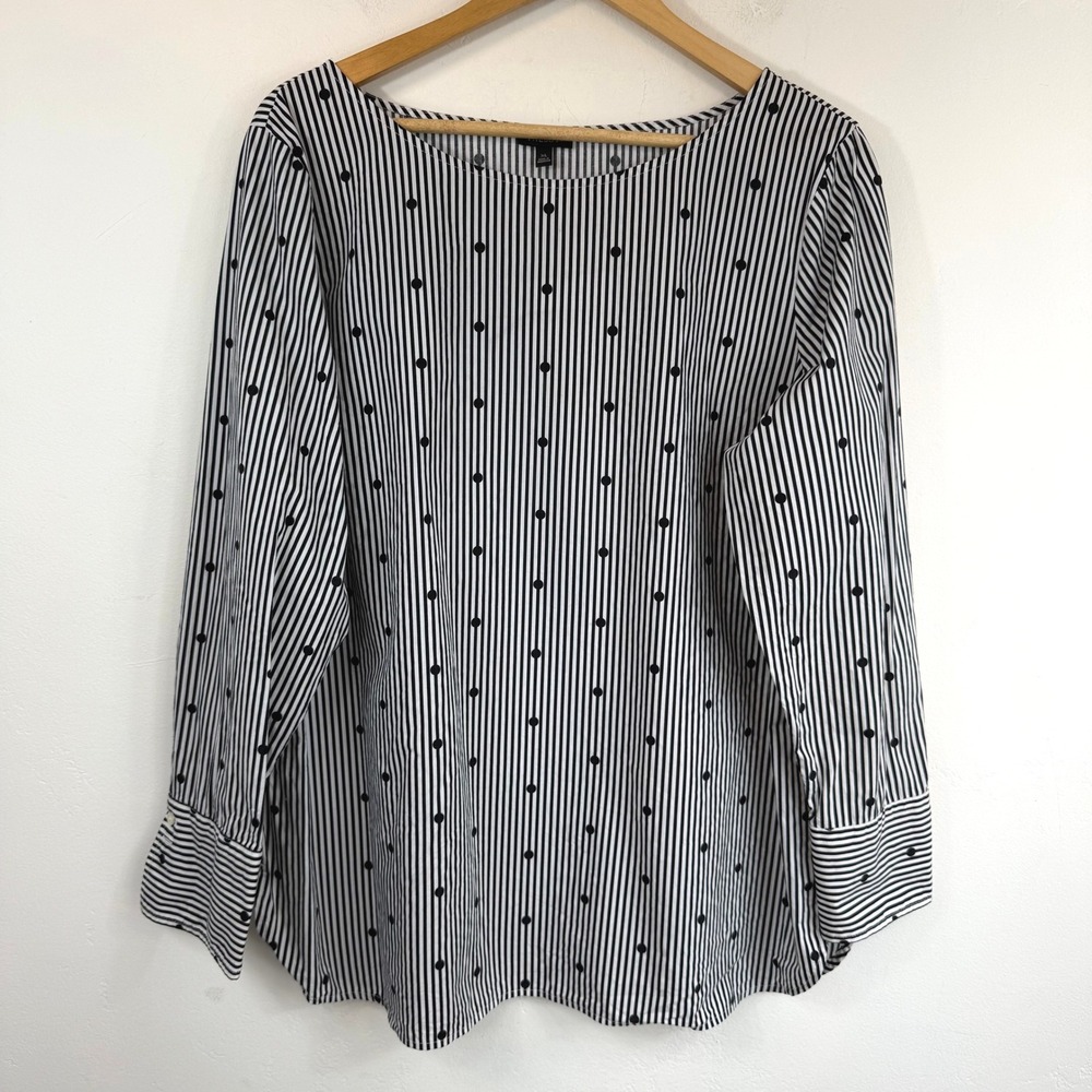 Talbots Stripe Polka Dot Cotton Blouse XL Black White Long Sleeve Office Top